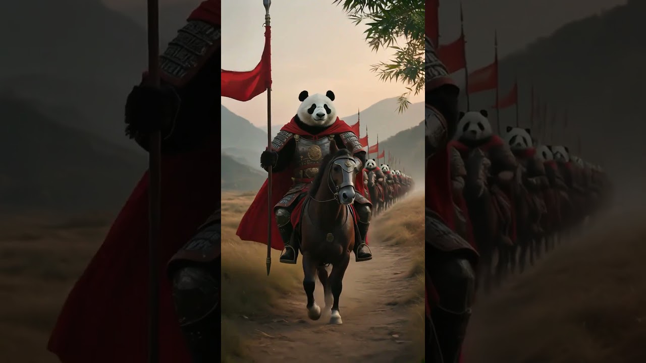 Osos panda antropomorfos con armadura de guerrero chino antiguo – Escena épica única